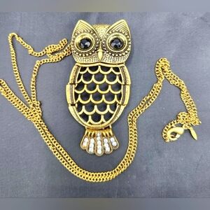 VTG Owl Pendant Necklace Brooch Pin 3" Chain 30" Extender 3" Black Eye Brasstone
